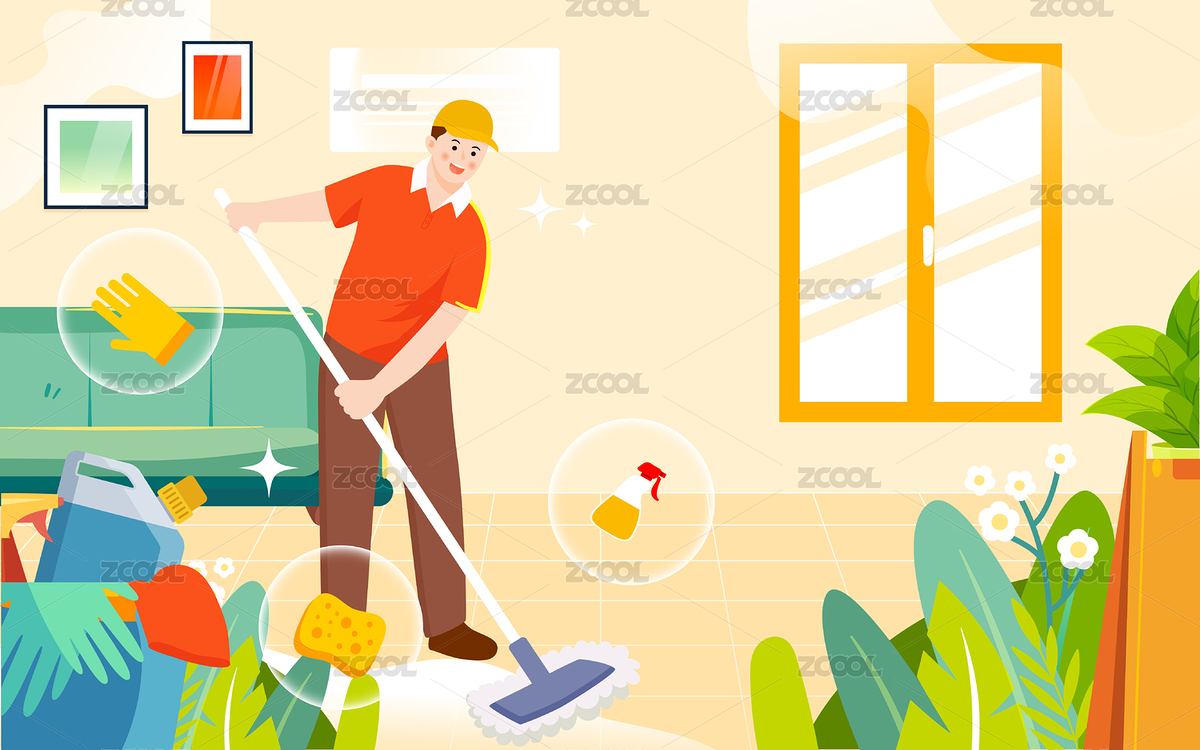 家政保洁劳动节人物大扫除打扫地板节日插画（主预览-7714406） - 未分类 - 站酷设计师熊伍_原创素材 - 站酷ZCOOL