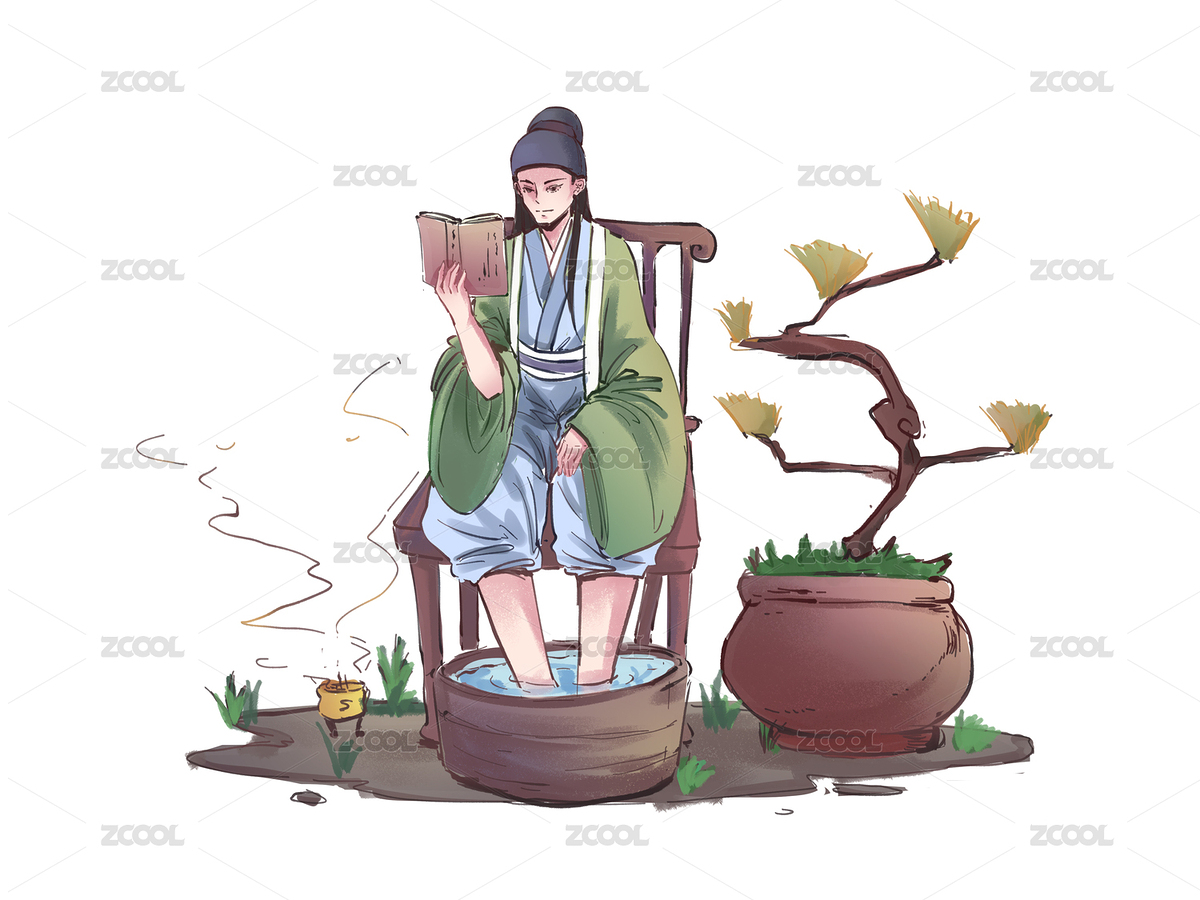 綠色書生看書養(yǎng)生泡腳古風元素（主預覽-230357） - 未分類 - 站酷設計師h5efD8cyQR原創(chuàng)素材 - 站酷ZCOOL
