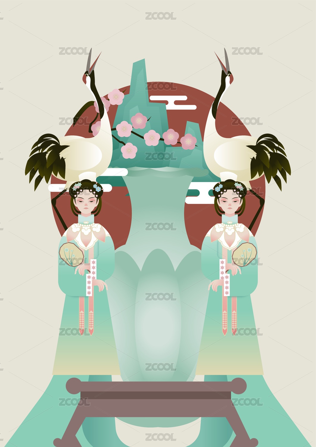 古风平面仕女与瓷器