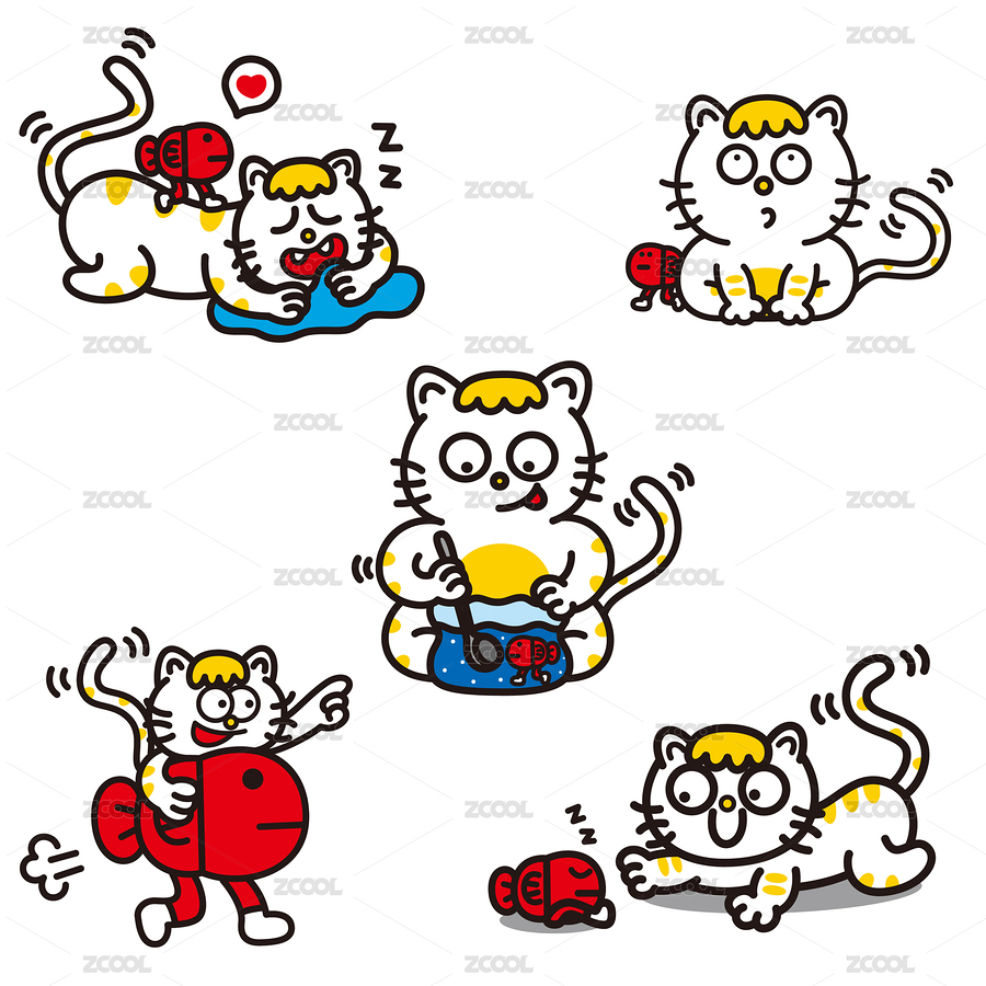可愛的小貓和魚潮流矢量插畫（主預(yù)覽-903259） - 未分類 - 站酷設(shè)計師瀧霏LONGFEI原創(chuàng)素材 - 站酷ZCOOL