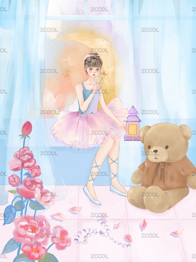 唯美小清新水彩房间里的少女插画（主预览-8904572） - 未分类 - 站酷设计师别桑原创素材 - 站酷ZCOOL