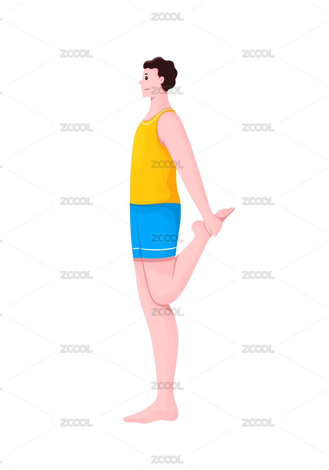 扁平插画时尚青年男人在站着拉伸腿部