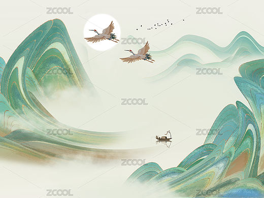 手绘新中式意境山水画插画背景
