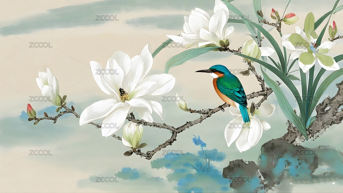 翠鳥與玉蘭花水墨畫高清壁紙（主預(yù)覽-9596153） - 未分類 - 站酷設(shè)計師光繪未來原創(chuàng)素材 - 站酷ZCOOL