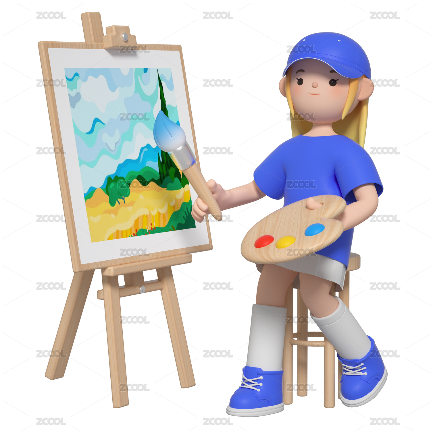 3D渲染的卡通绘画少儿