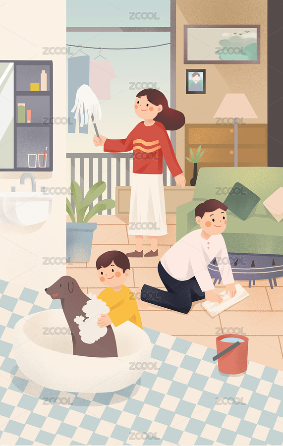 一家三口在过年期间进行大扫除，妈妈在清灰，爸爸擦地板，孩子再给宠物洗澡（主预览-2195632） - 未分类 - 站酷设计师小森柚原创素材 - 站酷ZCOOL