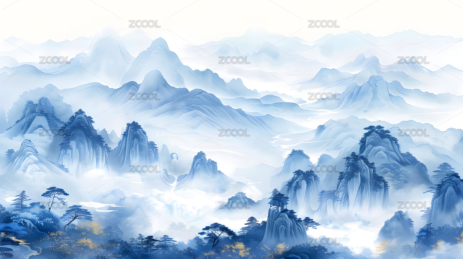 国风青花瓷风格山水艺术插画
