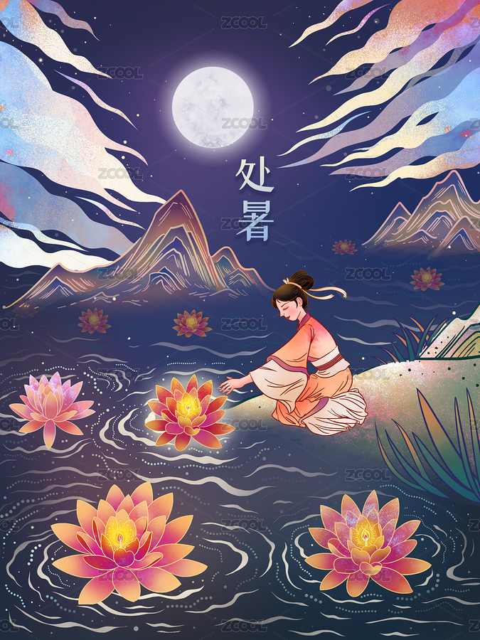 女孩在河边放河灯插画海报背景（主预览-1211213） - 未分类 - 站酷设计师Fei先生原创素材 - 站酷ZCOOL
