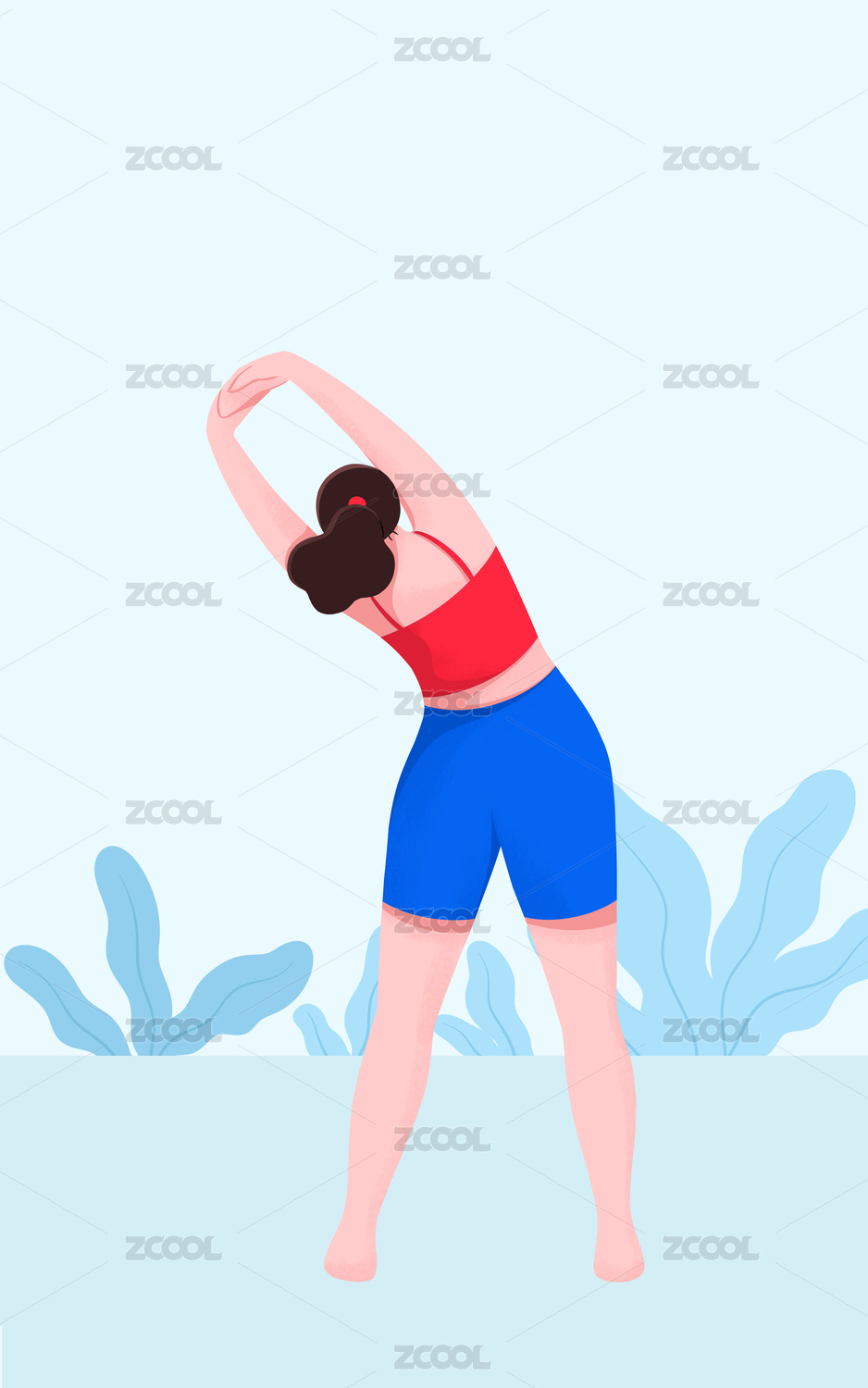 扁平插画时尚青年女人在锻炼背部拉伸