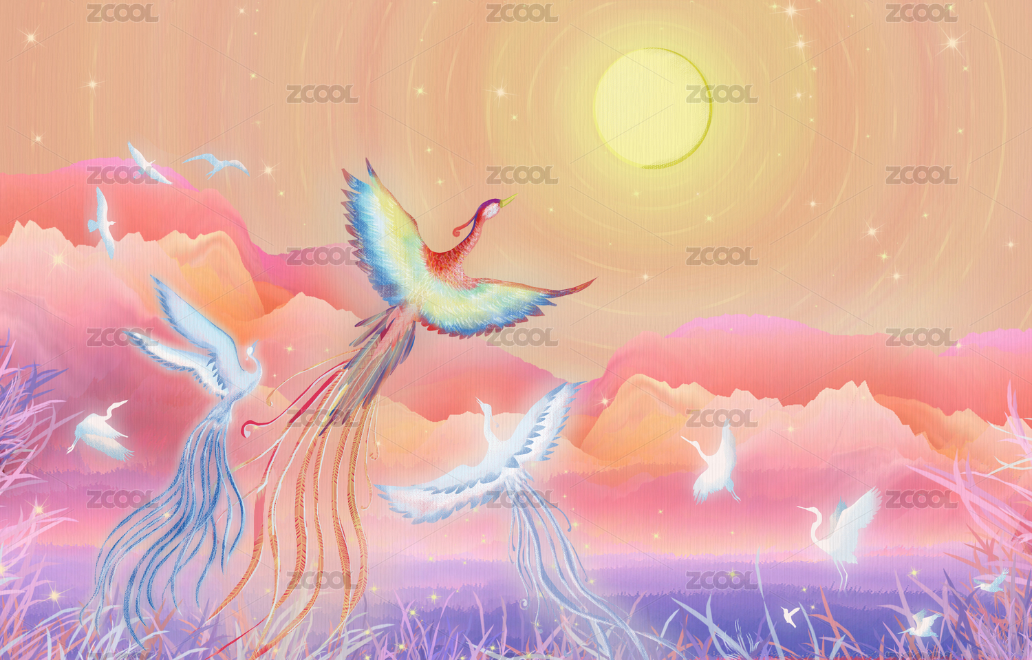 中秋节月饼节，百鸟朝凤花好月圆插画包装