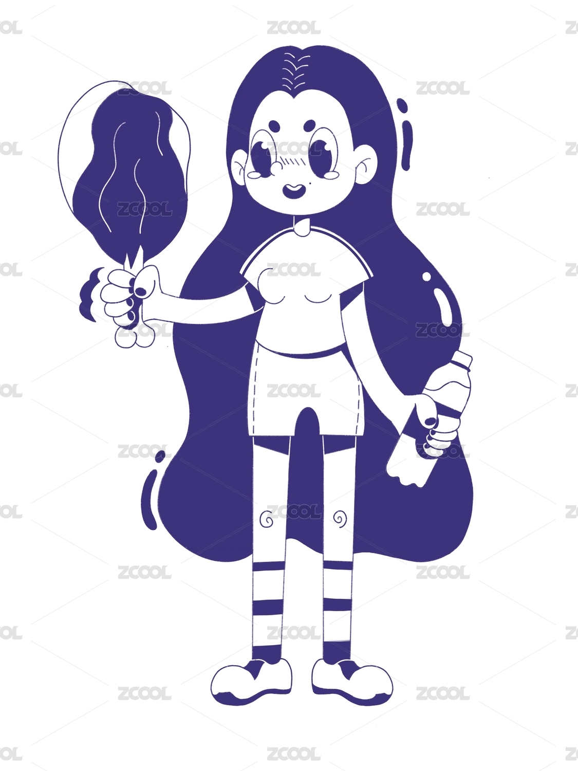 女生拿着鸡腿可乐开心线性手绘蓝色插画插图排版