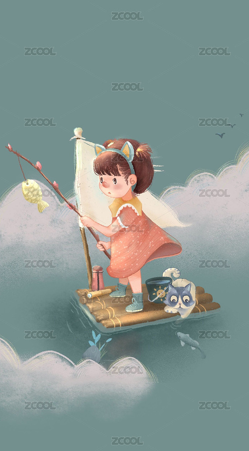 小女孩钓鱼儿童插画（主预览-7846464） - 未分类 - 站酷设计师花画酱Molly原创素材 - 站酷ZCOOL