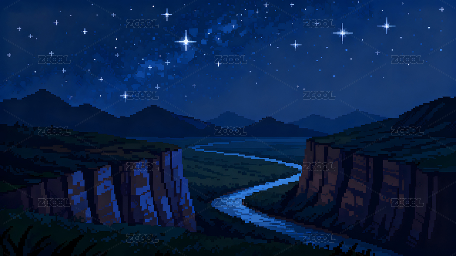 夜晚峡谷星空像素画