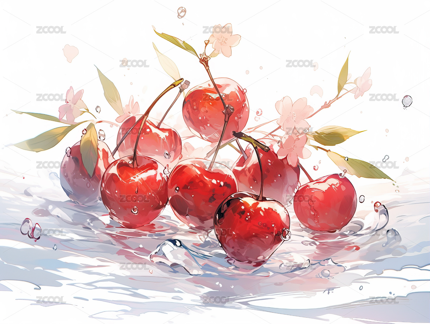 水彩绘画风格樱桃背景