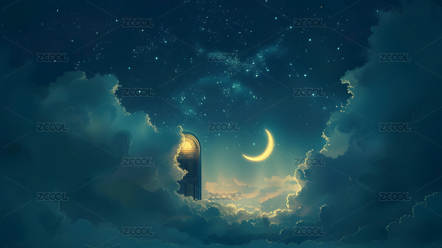 天空中的月亮和门概念艺术插画