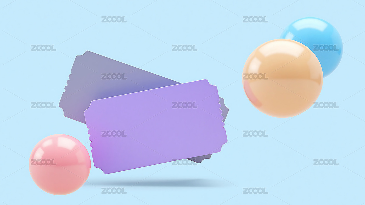 3d紫色票券與彩色球體的抽象組合（主預覽-11310565） - 未分類 - 站酷設計師晚風DC原創(chuàng)素材 - 站酷ZCOOL