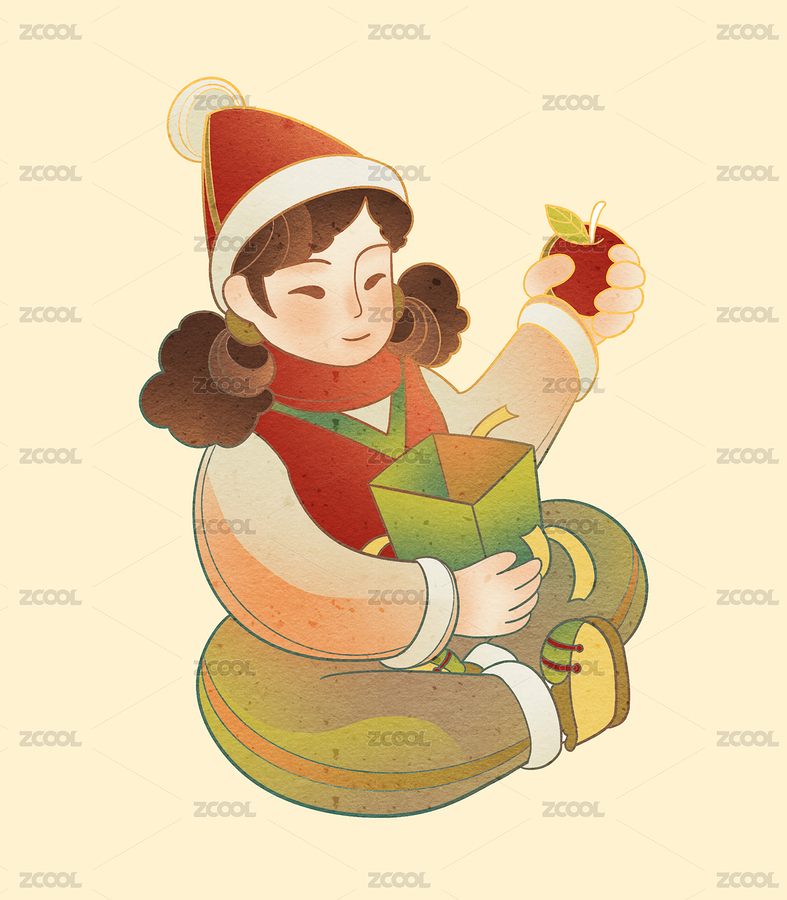 圣诞节戴圣诞帽女生拆开礼物盒拿着苹果插画（主预览-5405623） - 未分类 - 站酷设计师云汜_winskace原创素材 - 站酷ZCOOL