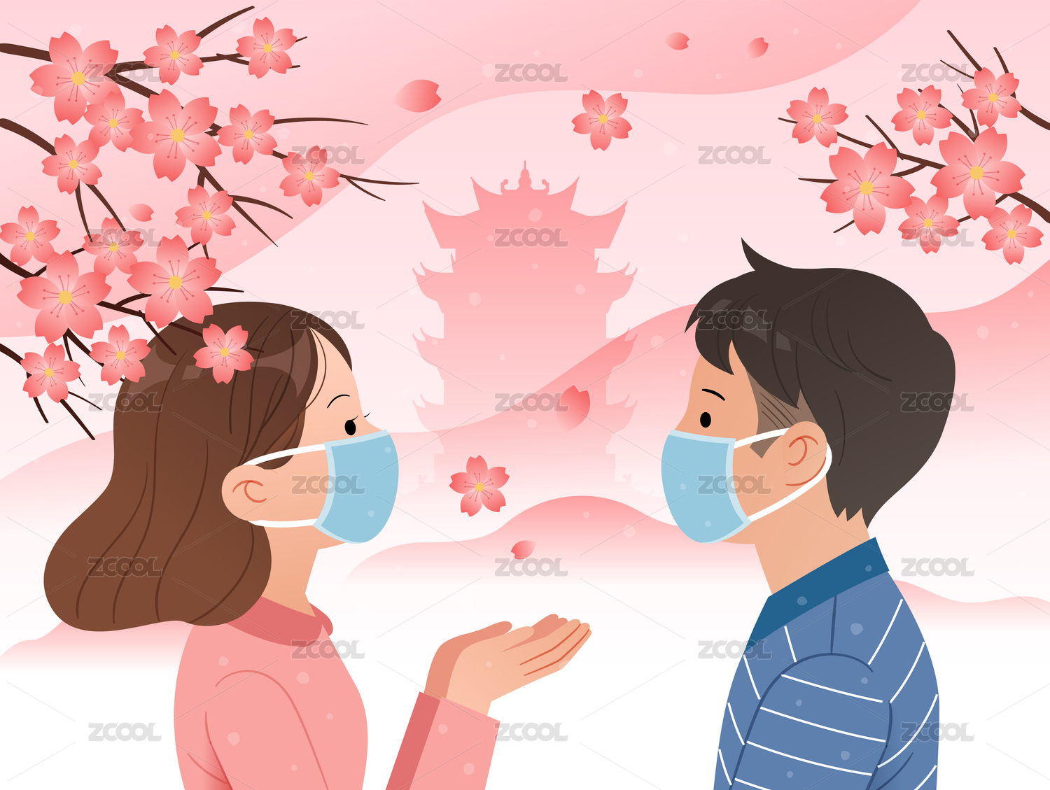 一对戴着口罩的男女在樱花下