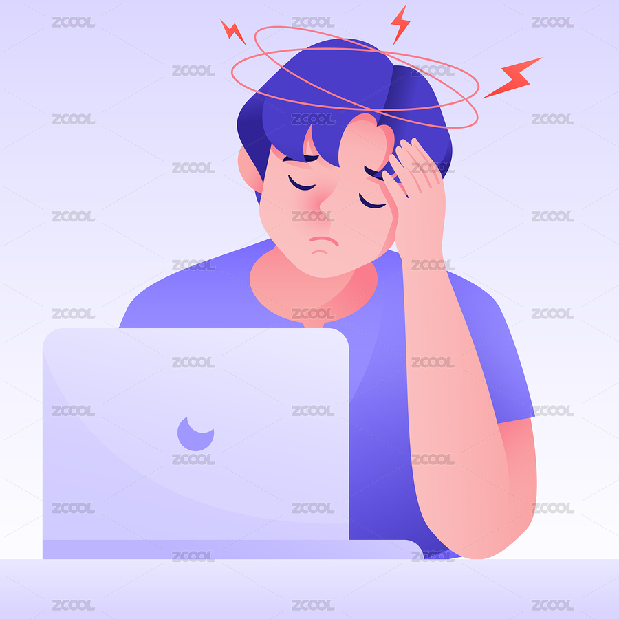 男生坐在電腦前頭暈頭痛疲憊狀態(tài)矢量插畫（主預覽-9081360） - 未分類 - 站酷設(shè)計師i2stay_520原創(chuàng)素材 - 站酷ZCOOL