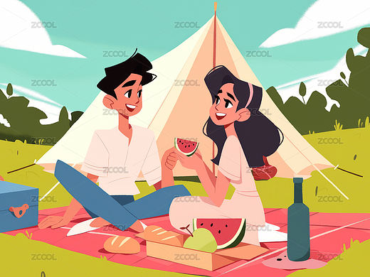 情侣户外露营插画