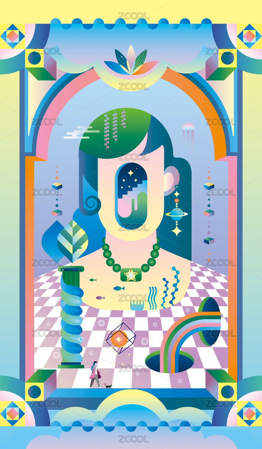行走在奇幻空间的少女插画壁纸