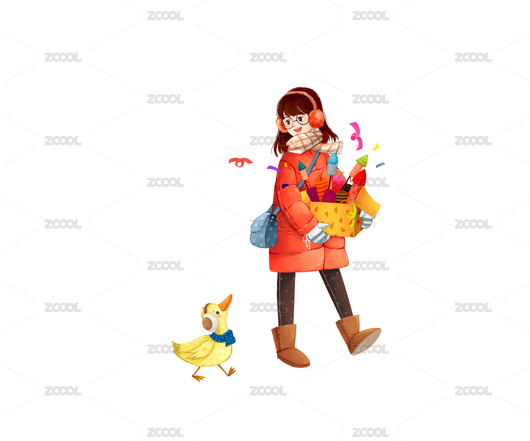 抱着一箱烟火爆竹和鸭子走在路上的小女孩（主预览-8366994） - 未分类 - 站酷设计师哈皮黑儿原创素材 - 站酷ZCOOL