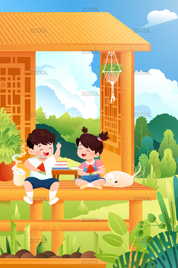 夏天吃西瓜的儿童矢量插画（主预览-7116928） - 未分类 - 站酷设计师keeein原创素材 - 站酷ZCOOL