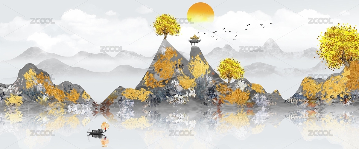 手繪創(chuàng)意金色發(fā)財山水意境裝飾畫（主預覽-8454862） - 未分類 - 站酷設(shè)計師心靈藝坊原創(chuàng)素材 - 站酷ZCOOL
