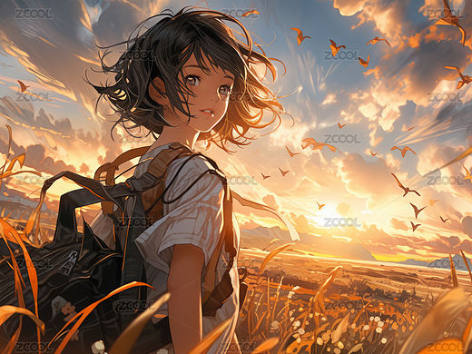 漫画风格夕阳下回眸的少女