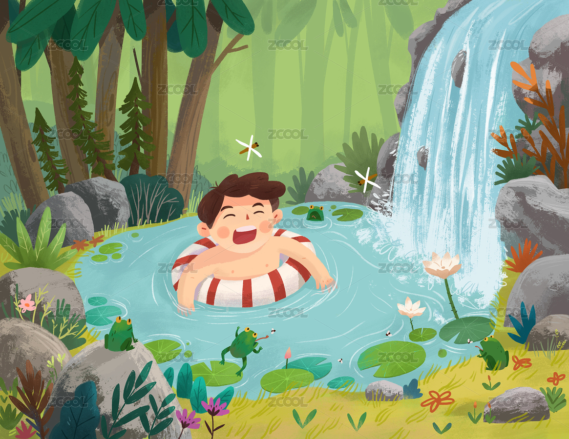 夏天男孩在瀑布邊游泳（主預覽-6381062） - 未分類 - 站酷設計師由米田原創(chuàng)素材 - 站酷ZCOOL