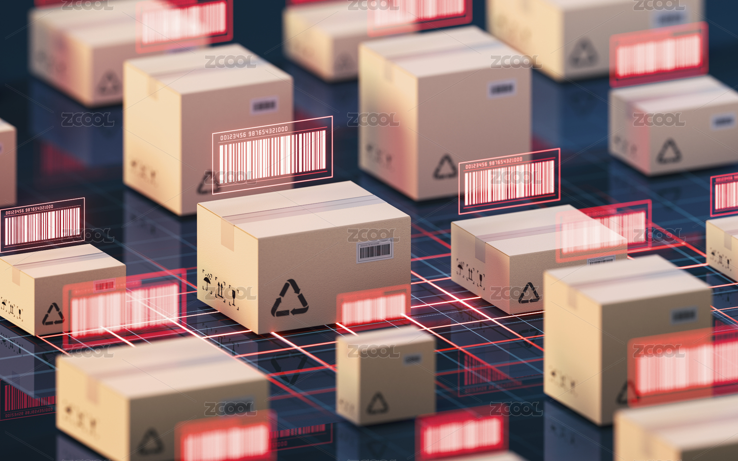 包装箱与箱子上的条形码 3D渲染