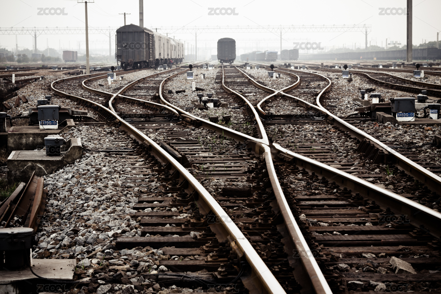 Railway in fog on station, outdoor landscape