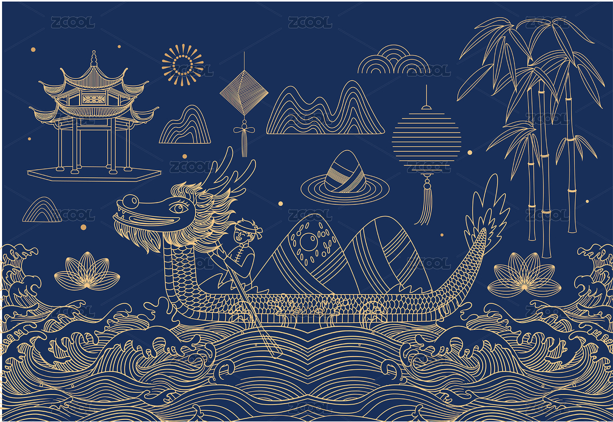 端午节粽子龙舟中式线描矢量插画海报（主预览-1211253） - 未分类 - 站酷设计师Fei先生原创素材 - 站酷ZCOOL