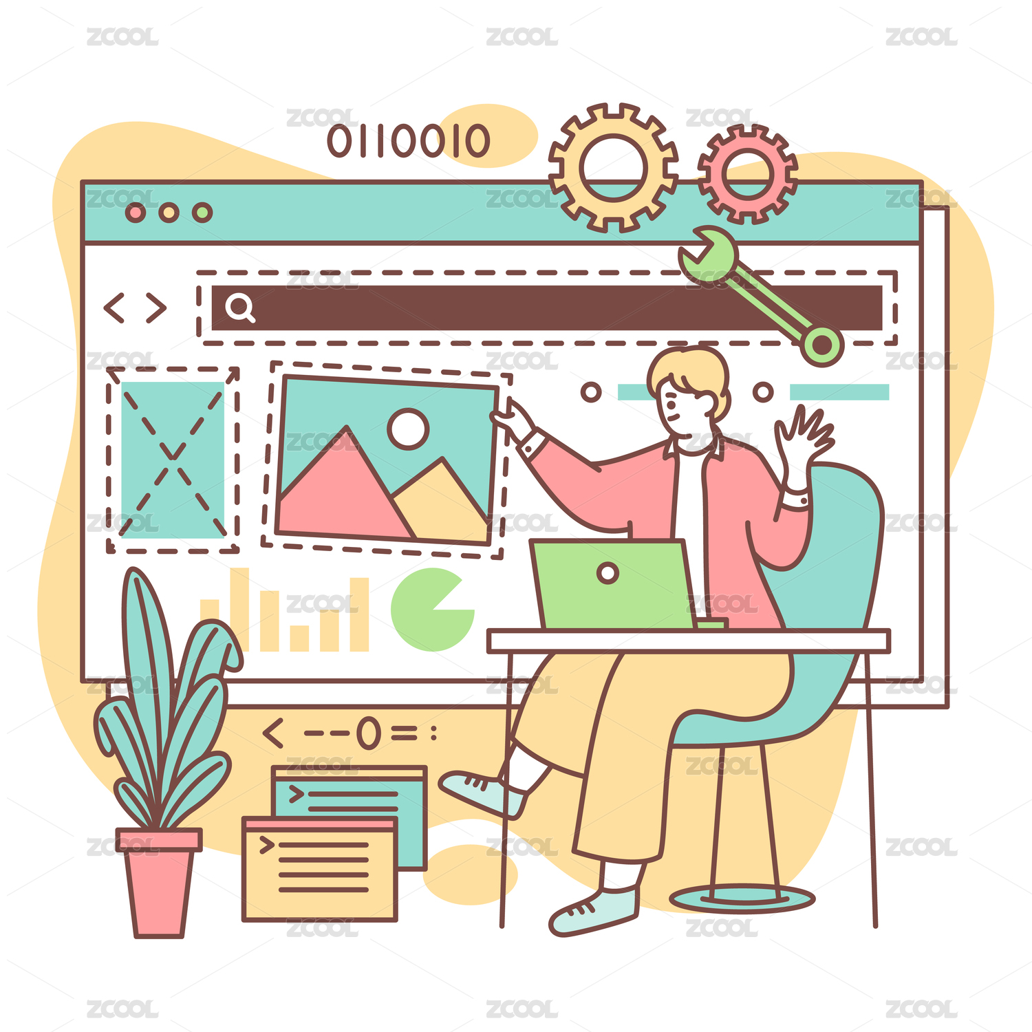 男生坐在网页面前办公矢量插画