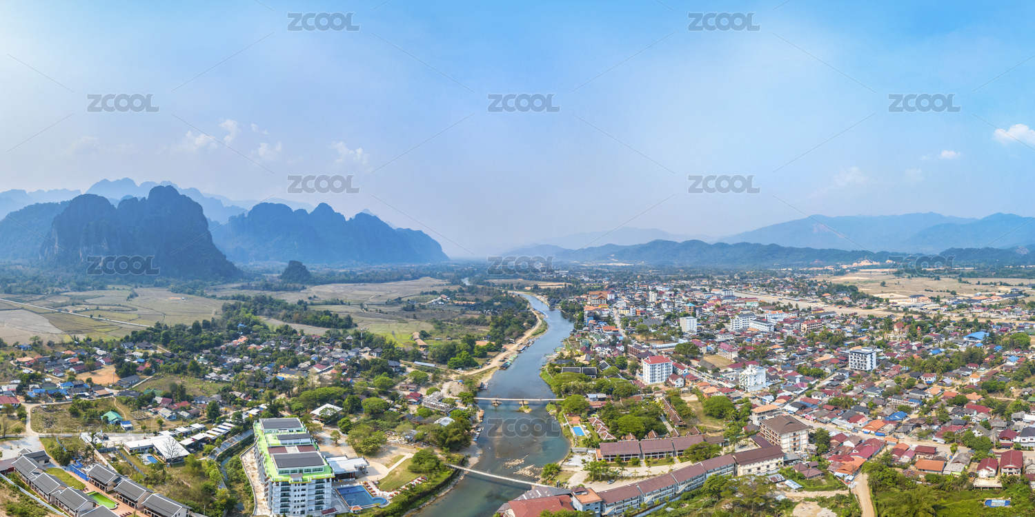 Townscape, Mountain View and River Scenery in Vang Vieng, Laos, Southeast Asia