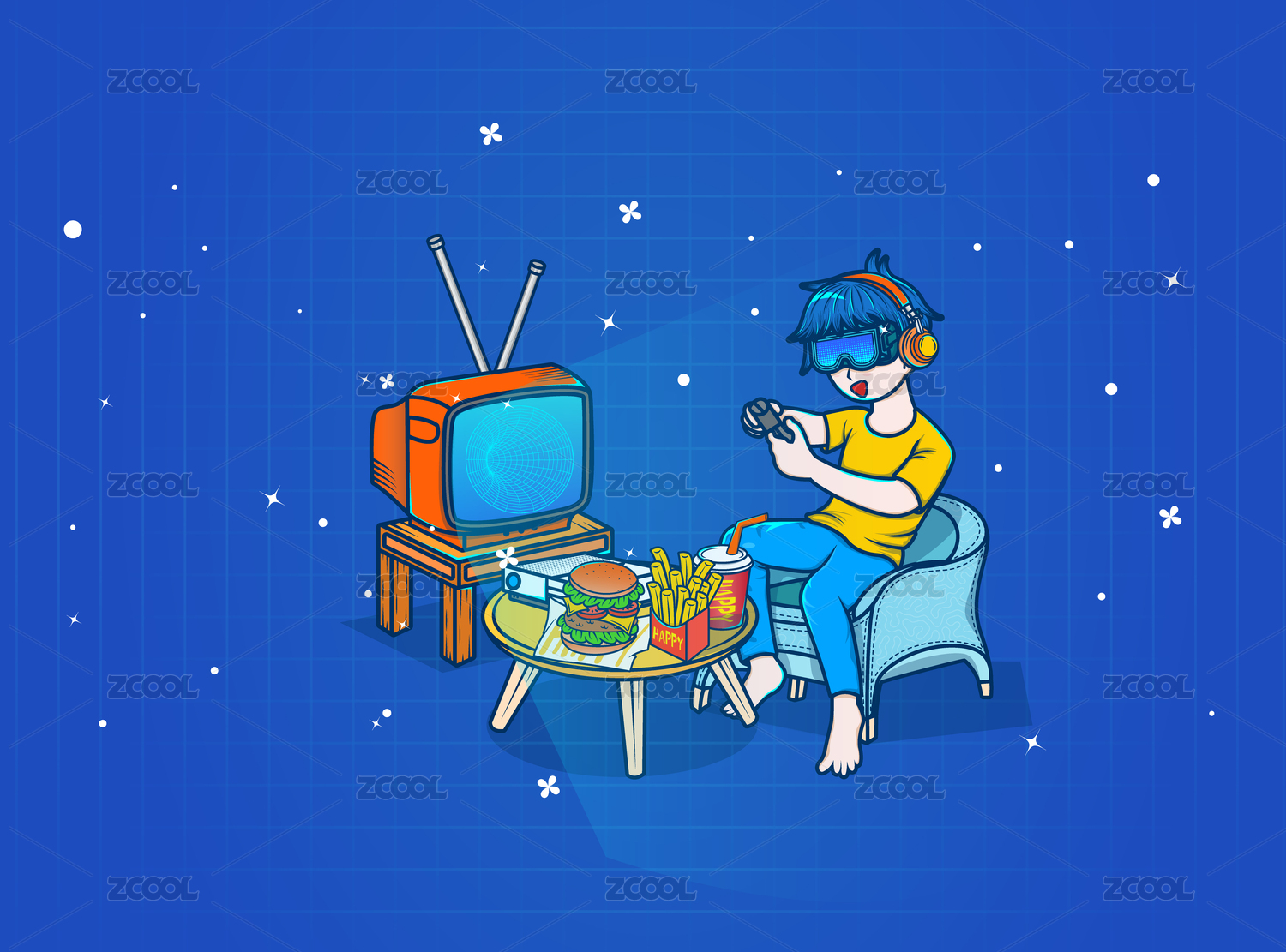 一个人的娱乐吃喝生活插画