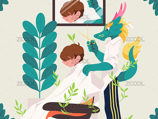 龙抬头插画理发插画