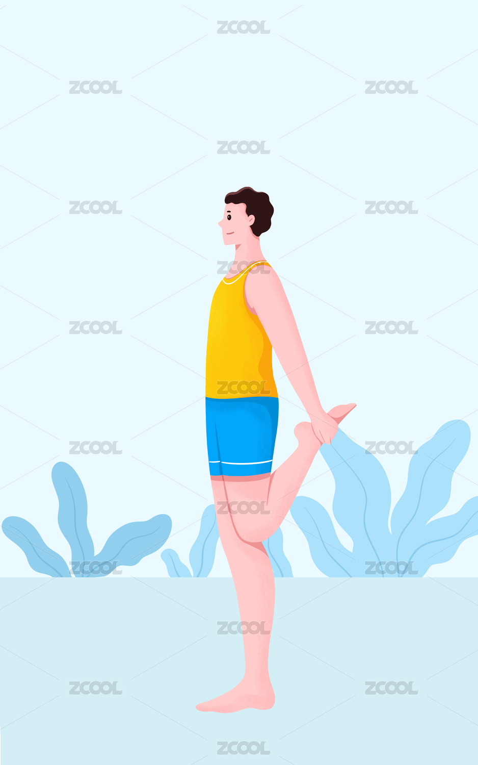 扁平插画时尚青年男人在锻炼拉伸腿部