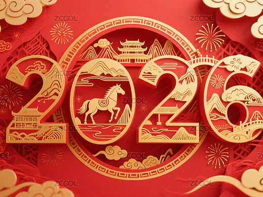 马年2026红金立体海报设计