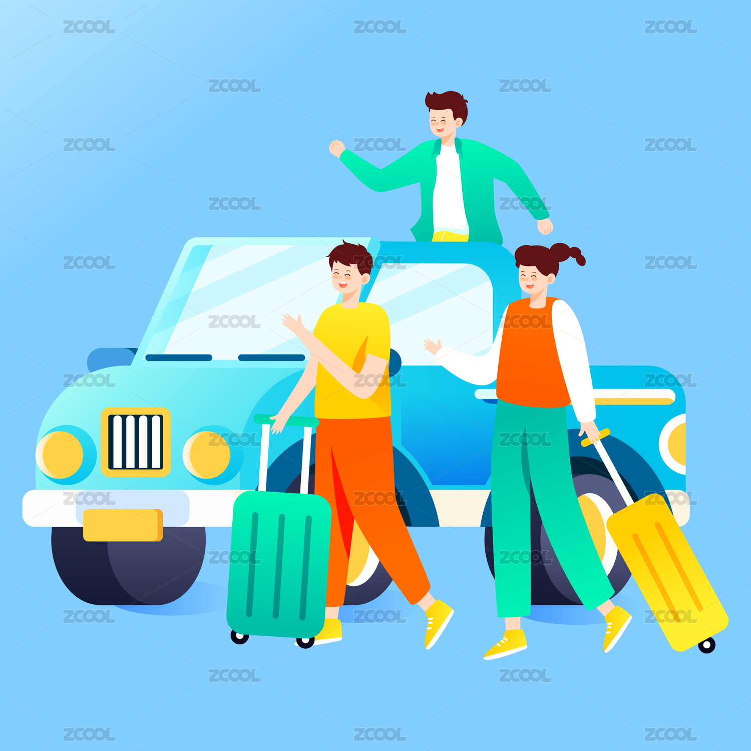 夏天人物毕业旅行夏至节气旅游户外出行插画