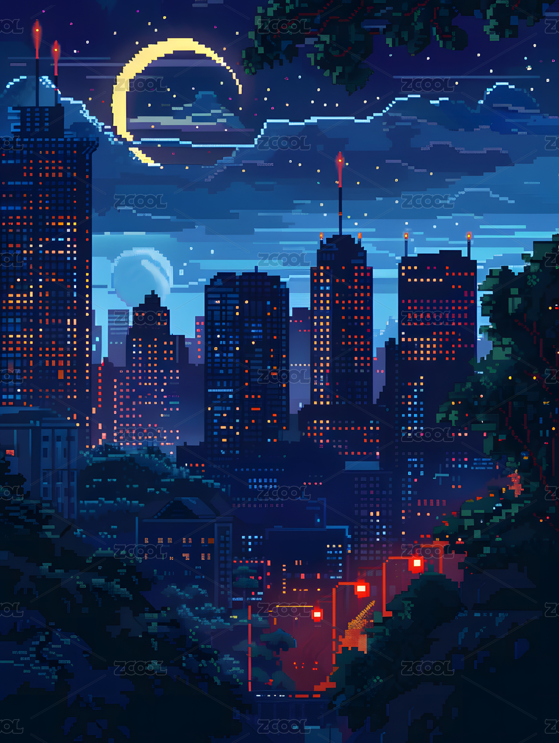 城市的夜晚像素画