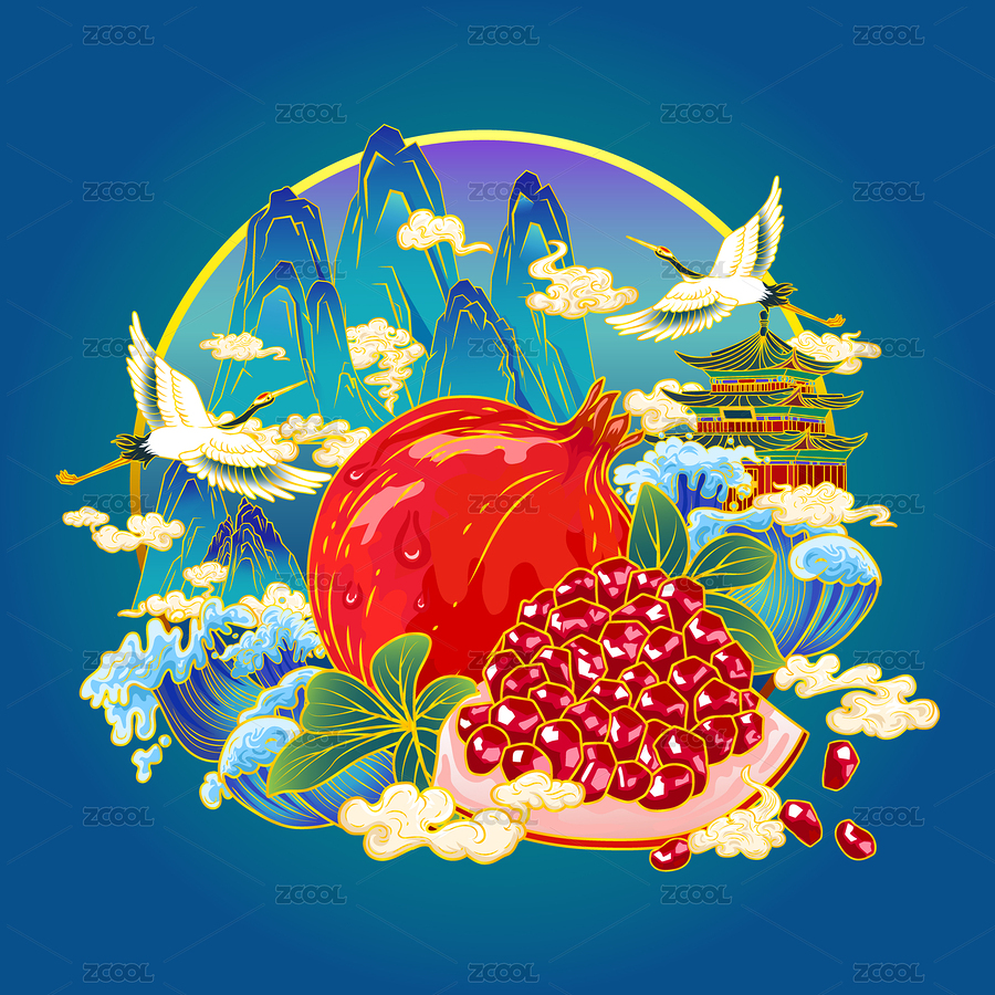 中秋古風(fēng)國(guó)潮喜慶金邊紅石榴包裝封面插畫（主預(yù)覽-6434509） - 未分類 - 站酷設(shè)計(jì)師吉祥魚原創(chuàng)素材 - 站酷ZCOOL