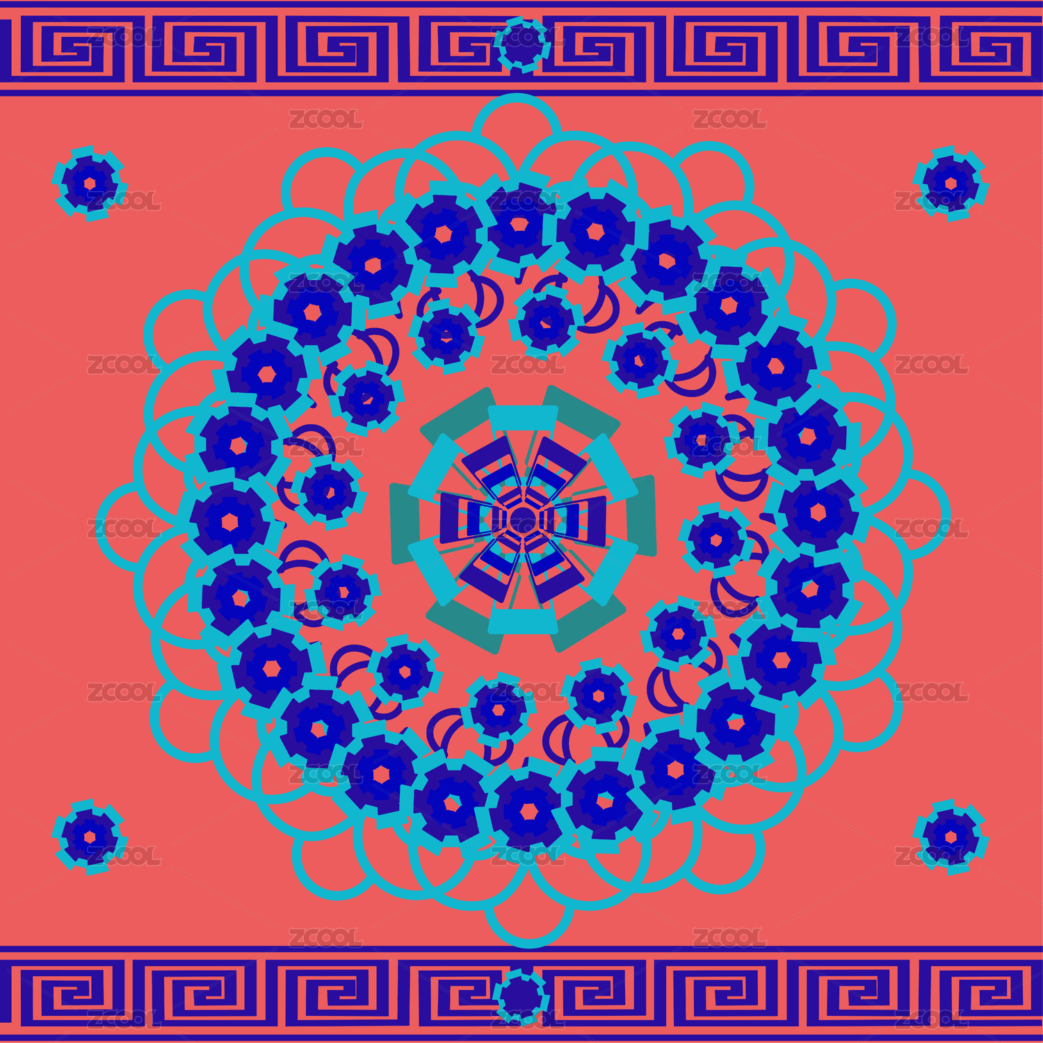 红底上蓝绿花纹构成圆形图案，几何对称画