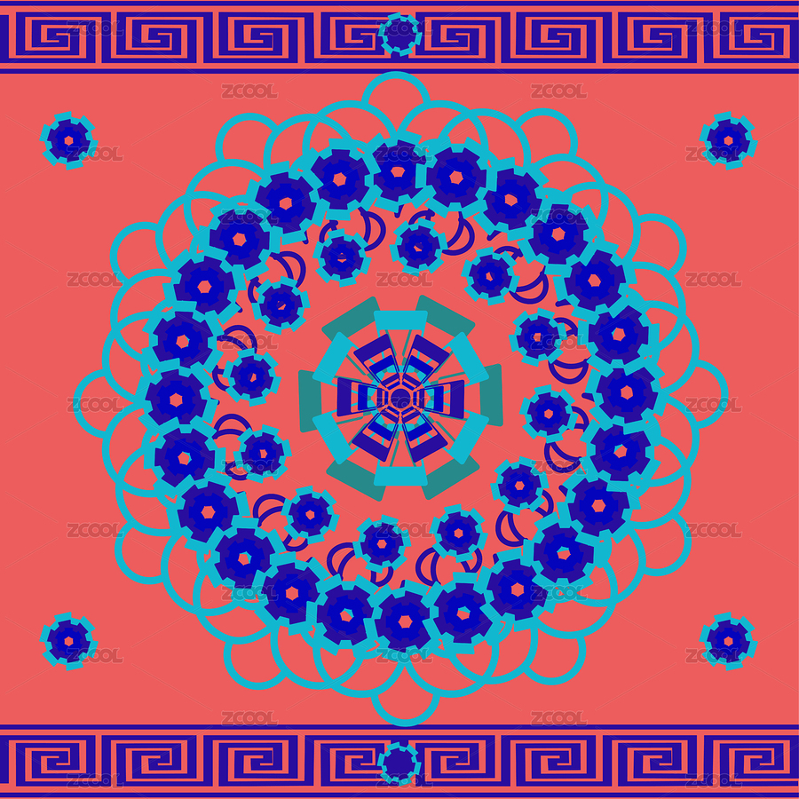 红底上蓝绿花纹构成圆形图案，几何对称画（主预览-11178551） - 未分类 - 站酷设计师Z298263846原创素材 - 站酷ZCOOL
