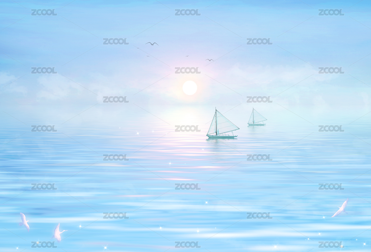 清晨太阳从海平面升起挂在天空，两位运动员在大海上进行帆船竞赛运动插画背景海报
