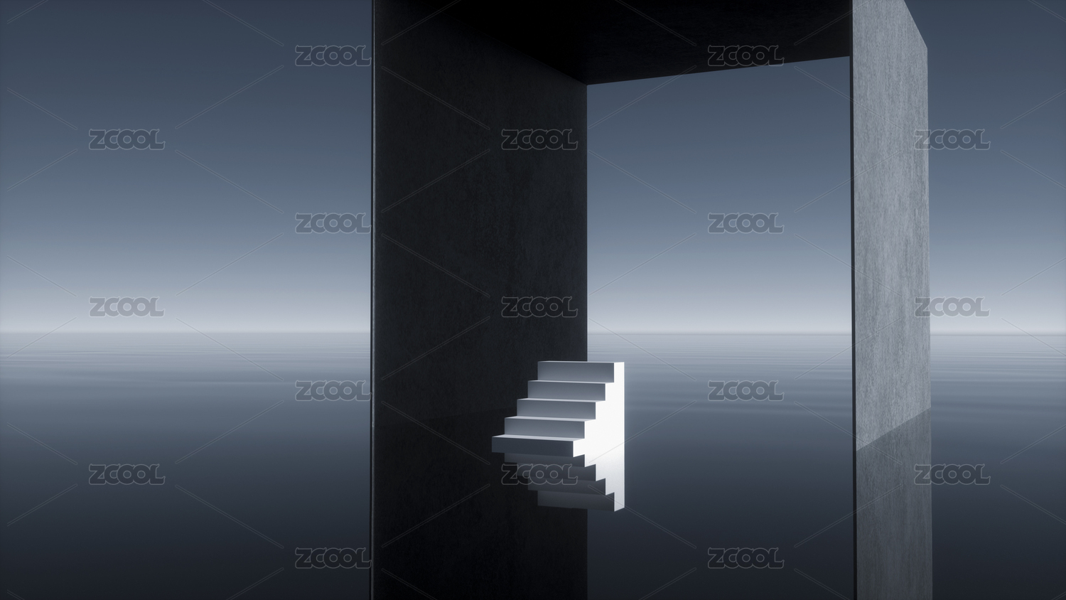3D渲染海平面上的楼梯概念艺术场景