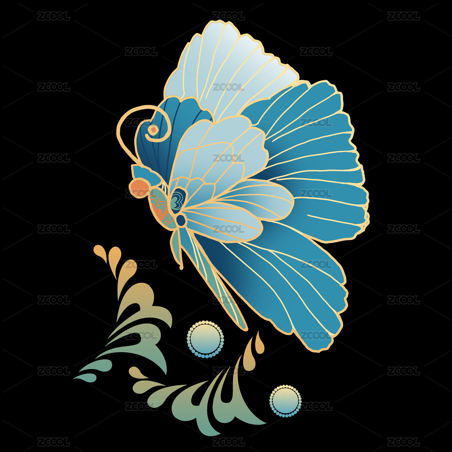 国潮中式元素纹样蓝色金色蝴蝶花团装饰图案（主预览-1990088） - 未分类 - 站酷设计师2LgniWkn4x原创素材 - 站酷ZCOOL