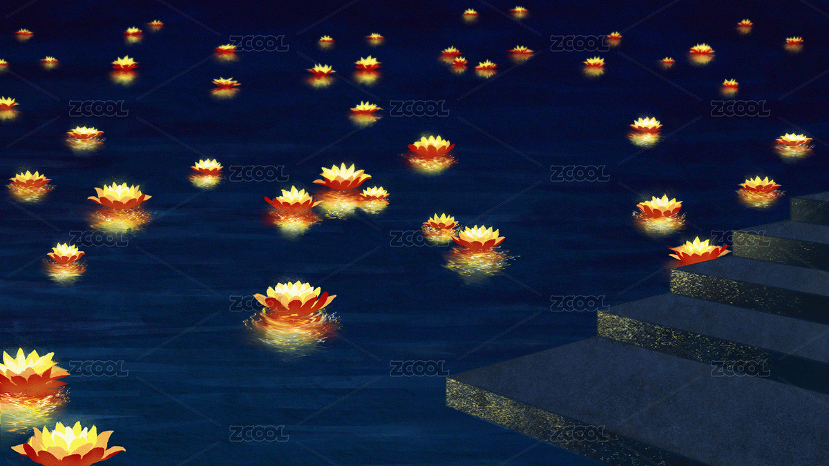 夜晚河邊臺(tái)階蓮花燈荷花燈無人場(chǎng)景（主預(yù)覽-8783718） - 未分類 - 站酷設(shè)計(jì)師卡樂筠原創(chuàng)素材 - 站酷ZCOOL