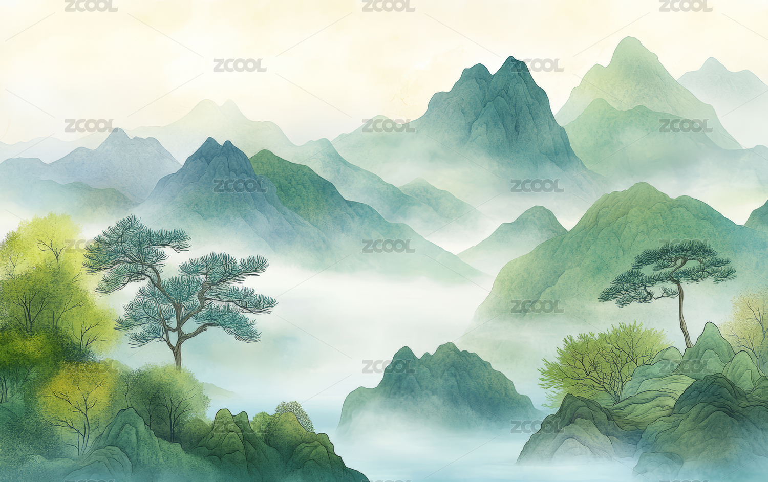 中国传统山水画风格艺术插画背景