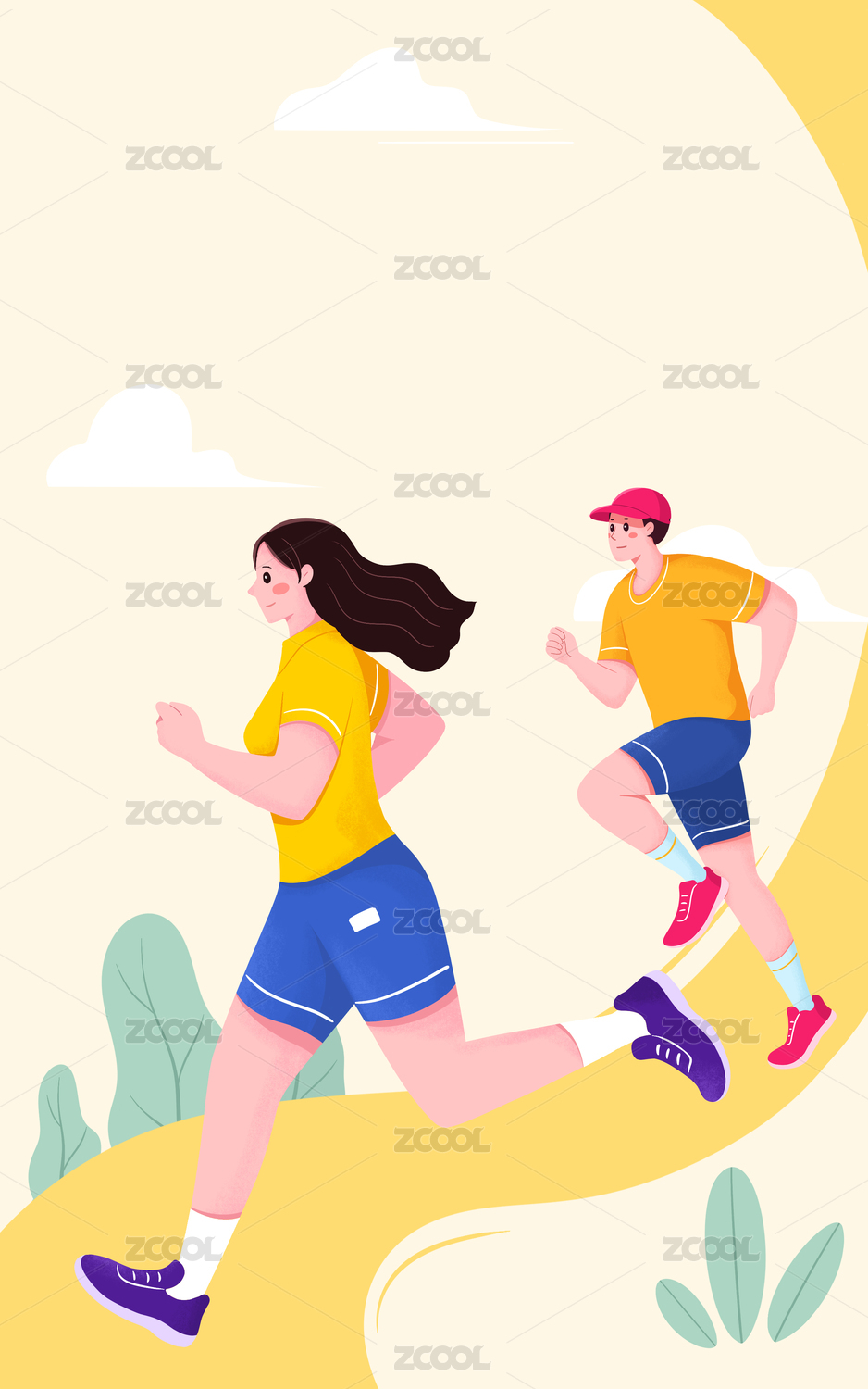 扁平插画青年男女在跑步健身